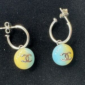 Chanel 99A Silver-Tone Enamel CC Hoop Earrings w/ Box & Pouch